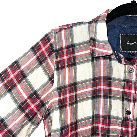 Rails 100% Cotton Cream & Red Plaid Print Button Down Shirt Small Women’s - Picture 3 of 13